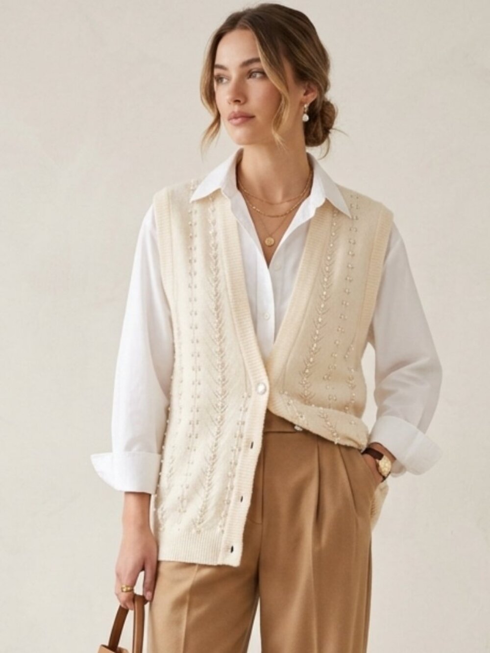 NWT Vintage Marisa Christina XL Cream Angora Lambswool Pearl Beaded Sweater Vest